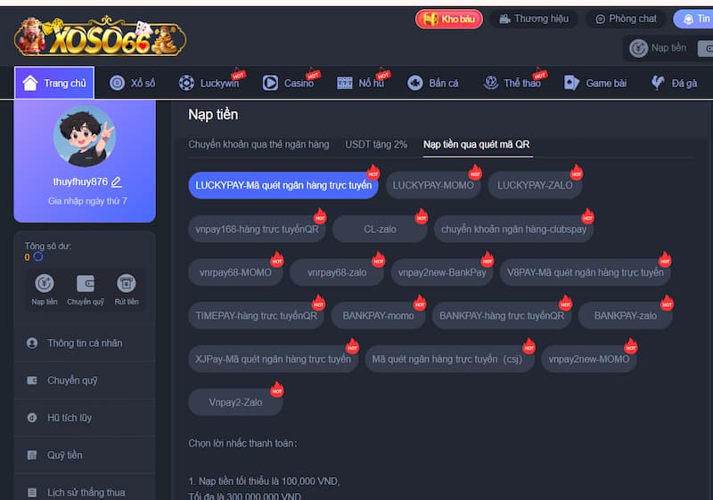 Nạp tiền XOSO66 siêu tốc, độ an toàn cao
