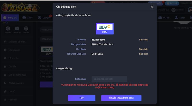Thủ tục nạp tiền XOSO66 
